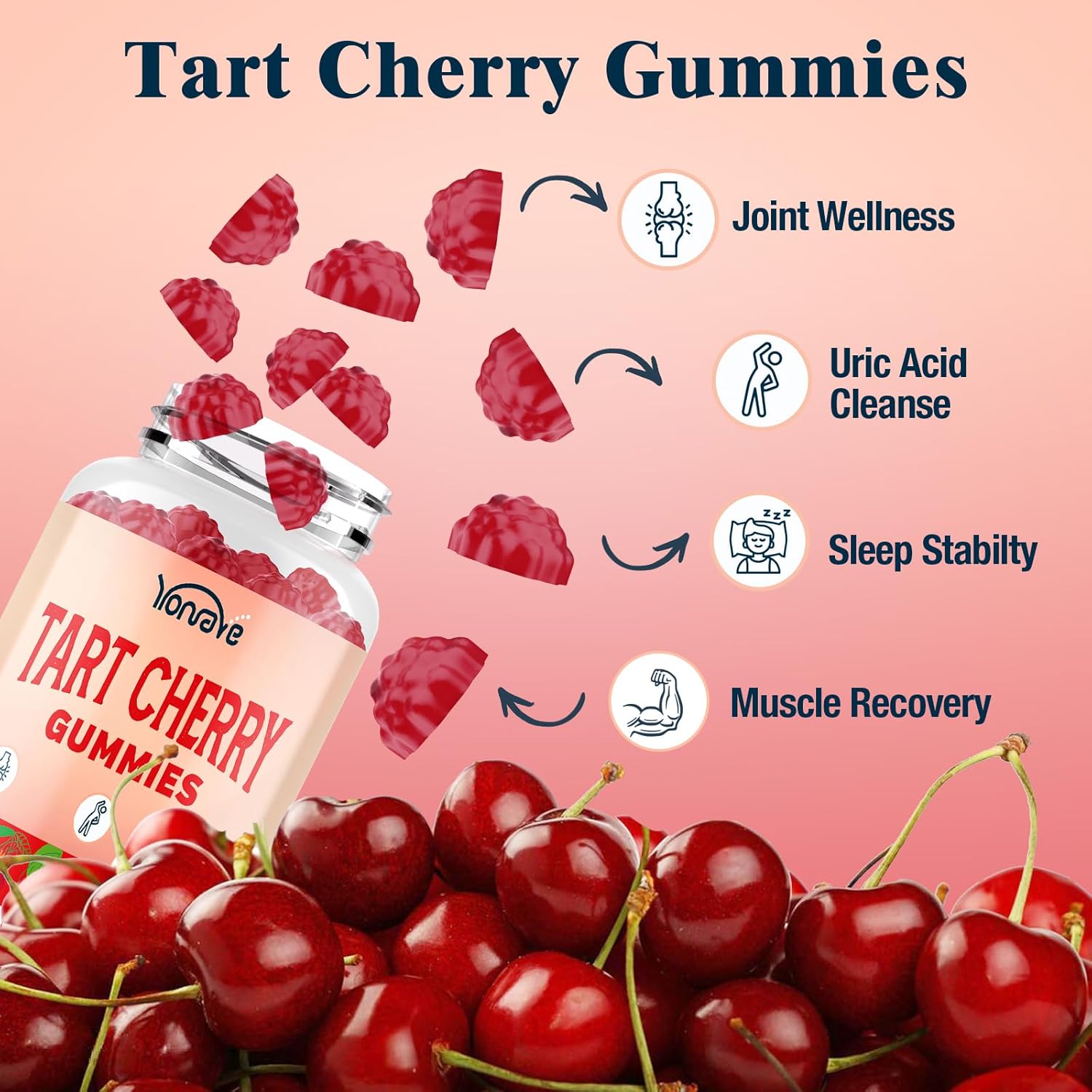 3300mg Tart Cherry Gummies for Uric Acid Cleanse, Sleep, Gout, Joint & Kidney Support – Tart Cherry Extract with Celery Seed, Melatonin, Vitamin C – Detox & Antioxidant – Mixed Berry Flavor, 60 Count - Image 3