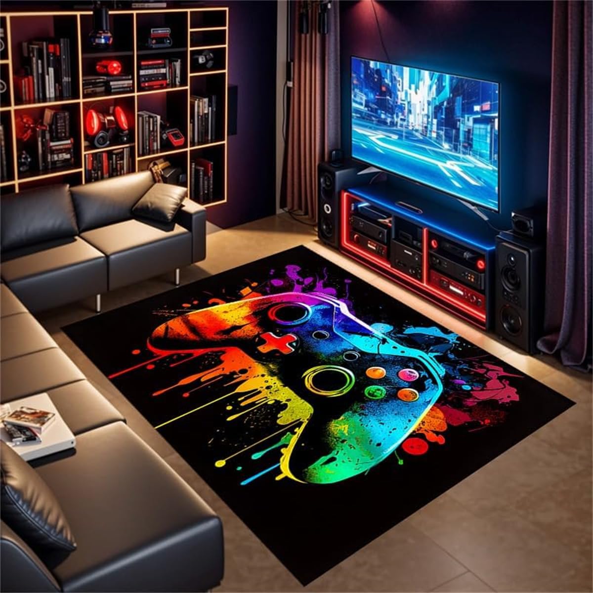 Peihuodan Boys Black Gaming Rug For Bedroom,Colour Hip-Hop Graffiti Video Gamer Controller Carpet For Living Room, Game Gamepad Floor Mat Teen Childrens Washable (,50X80cm)