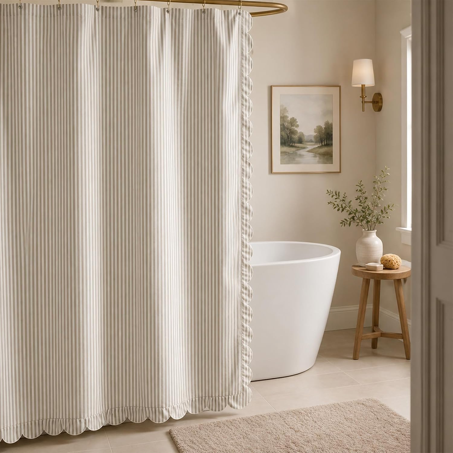 AnyDesign Beige Striped Shower Curtain, with Scalloped Edge, 72 Inch