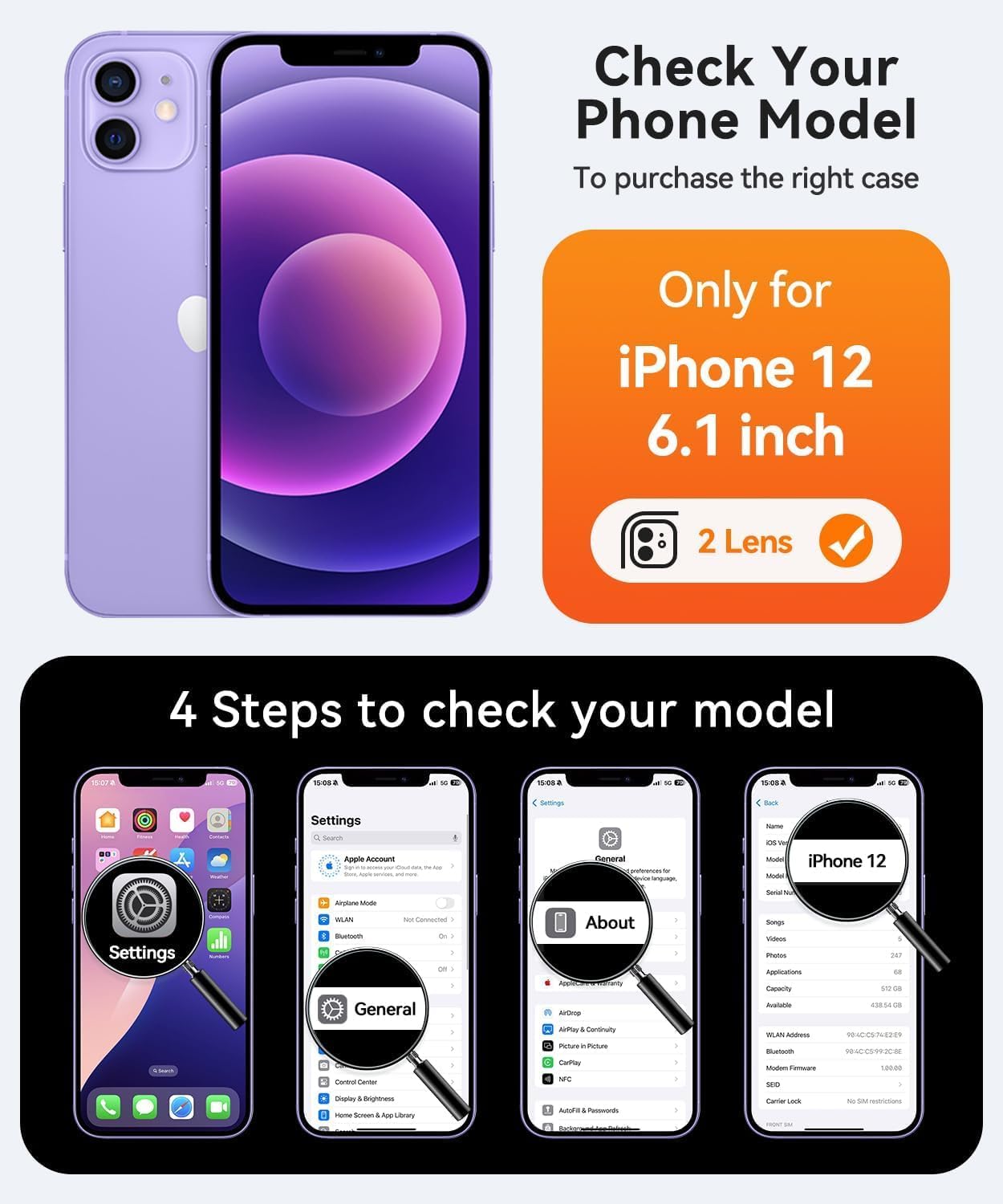 for iPhone 12 Case with Magsafe Magnetic Slim Shockproof Protective Case,Translucent Matte Back with Lanyard Strap and 2*9H Tempered Glass Screen Protector Phone Cover 6.1” (Black, iPhone 12) image 2