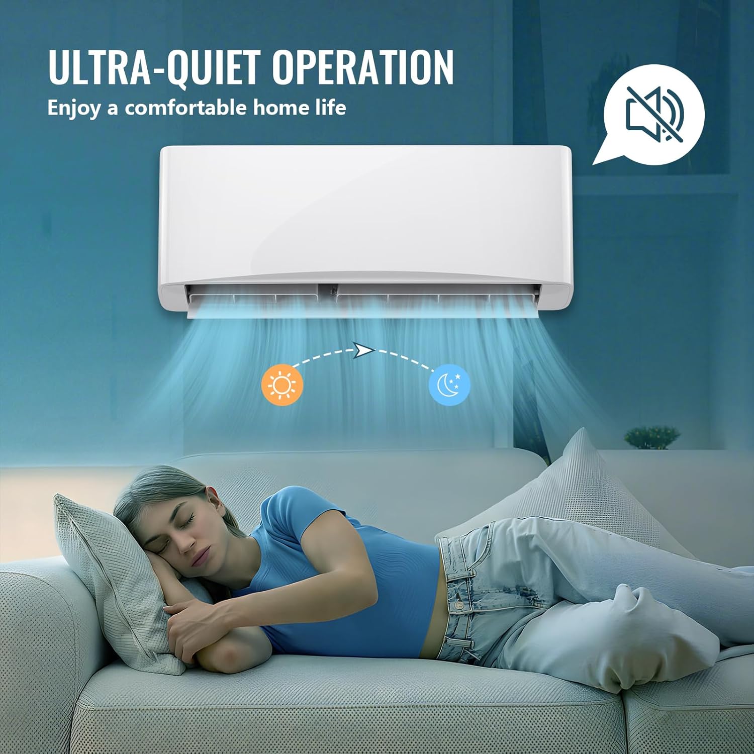 Image of a person sleeping peacefully with the air conditioner operating quietly in the background