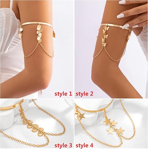 Miniatura 5 de Brazalete con borlas, brazalete superior abierto, ajustable, brazaletes para el brazo, joyería de disfraz de boda para mujer (dorado)