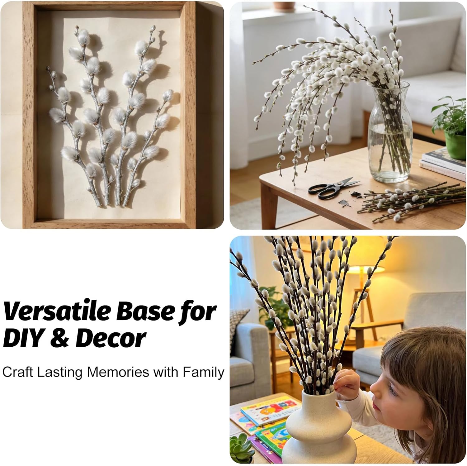 40 Stems Preserved Pussywillow Branches - 16''-17'' Real Dried Pussywillow with White Flowers, Natural Home Decor for Vase, Wedding, Rustic Farmhouse, Fireplace, Easter Spring Centerpiece