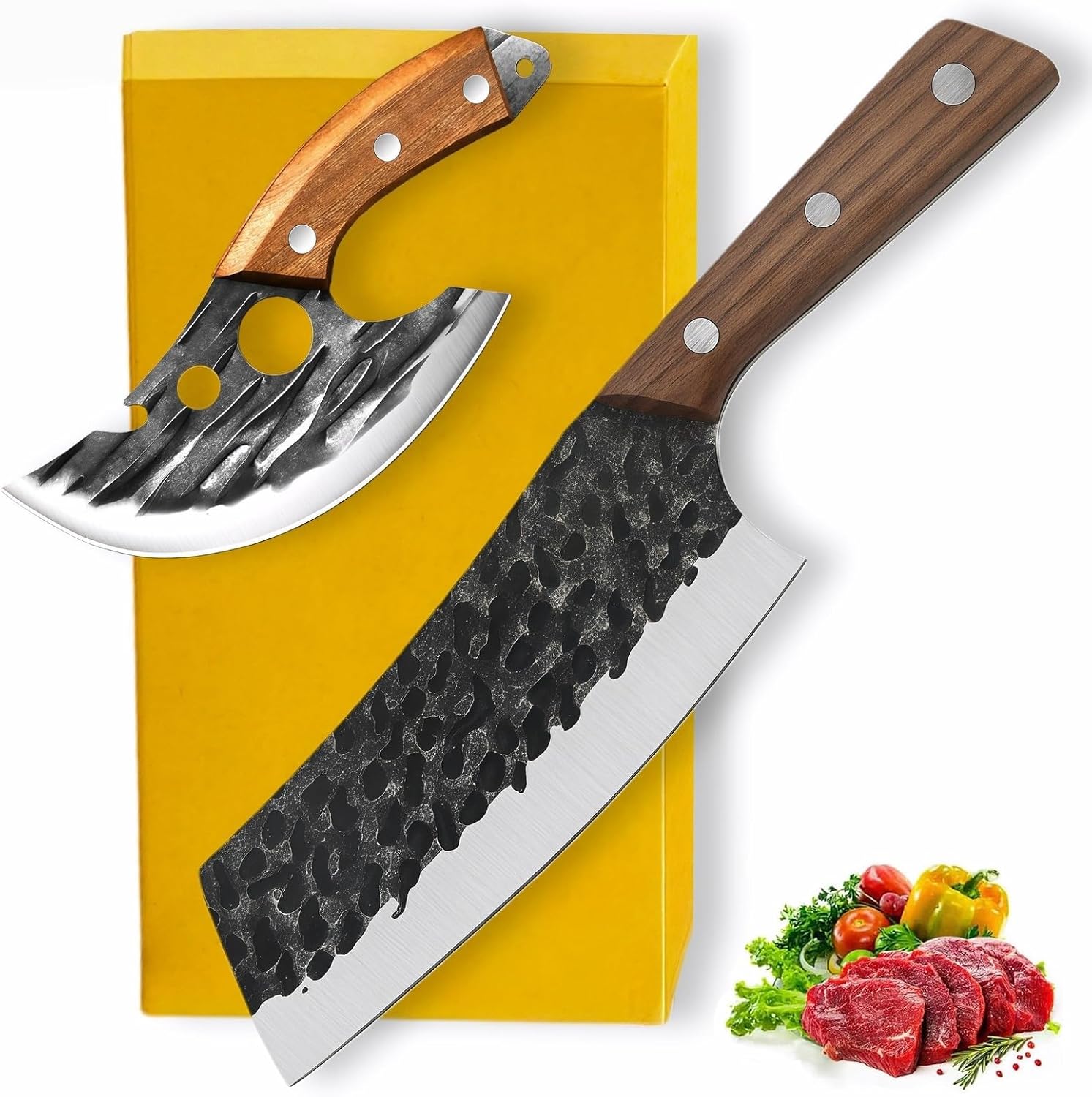 2PCS Meat Cleaver Knife, 7.5 Inch Razor Sharp High Carbon Steel Kitchen Knife, Viking Knife with Leather Sheath, Full Tang Handle, Bone Cleaver for Beef Brisket for Home & Professional Chefs