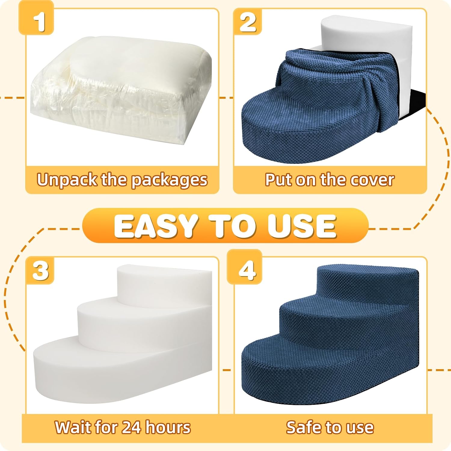 Dog Stairs for Small Dogs, Foam Steps for Small Dogs & Cats, 3 Steps Dog Ramp for High Beds, Couch, Window, Sofa, Pet Stairs with Removable Washable Cover, Non-Slip Sturdy Pet Steps, Navy Blue