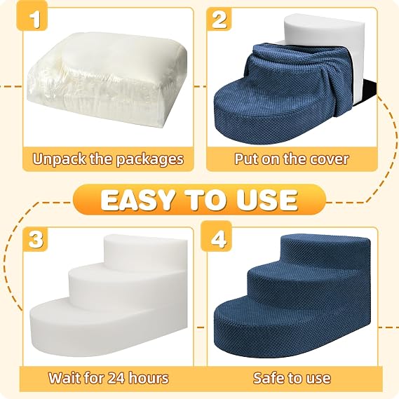 Dog Stairs 3 Steps Foam Pet Ramp for Small Dogs Cats, Navy Blue
