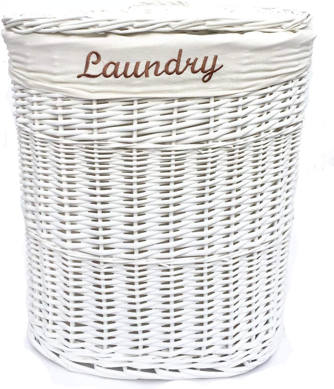 White Oval Wicker Laundry Basket With Lid & Removable Cotton Lining
