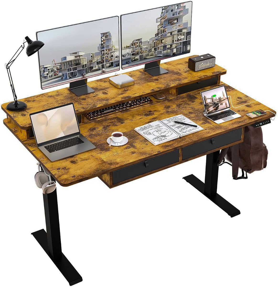 55 * 30 Inches Electric Standing Widened Desk Adjustable Height with 4 Drawers, Double Storage Shelves Stand Up Desk, Home Office Workstation Sit Stand up Desk (Rustic Brown) | Extra Large Desktop, Storage Drawers, Monitor Stand, Heavy-duty Steel Frame, Home Office Workstation