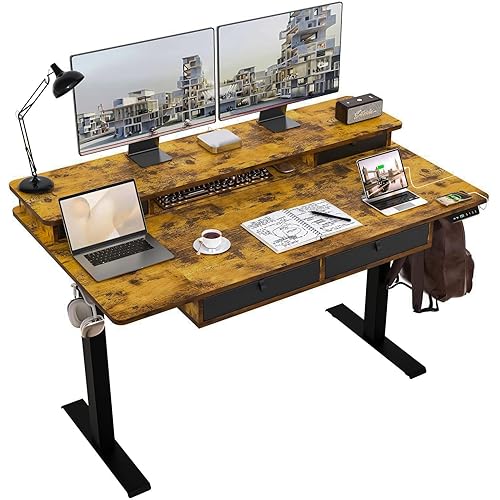 55 * 30 Inches Electric Standing Widened Desk Adjustable Height with 4 Drawers, Double Storage Shelves Stand Up Desk, Home Office Workstation Sit Stand up Desk (Rustic Brown)
