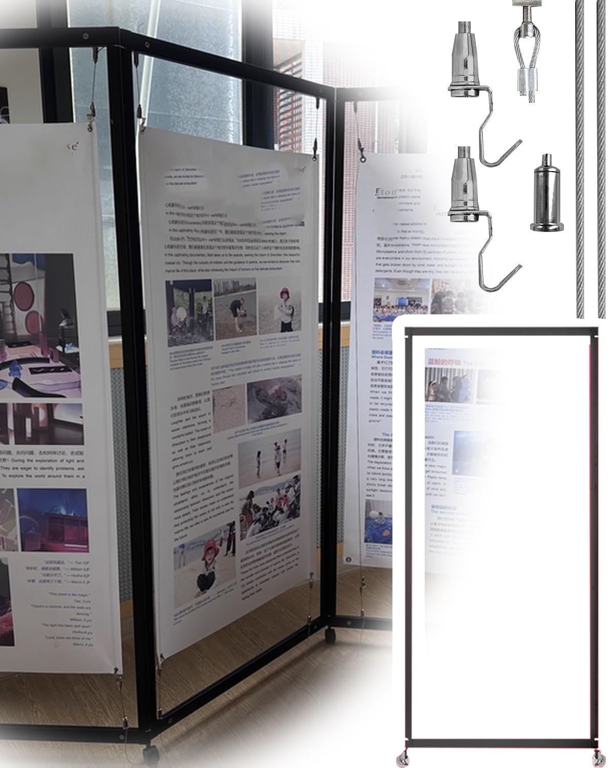 Estante publicitario plegable con ruedas y cordones de acero, soporte de exhibición independiente para carteles u obras de arte