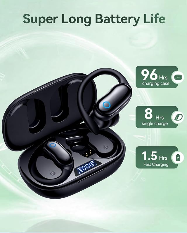 GNMN Bluetooth Headphones Wireless Earbuds 96hrs Playback Ear Buds IPX7 Waterproof Stereo Bass Over-Ear Earphones with Earhooks Microphone LED Battery Display for Sports/Workout/Gym/Running Black image 3