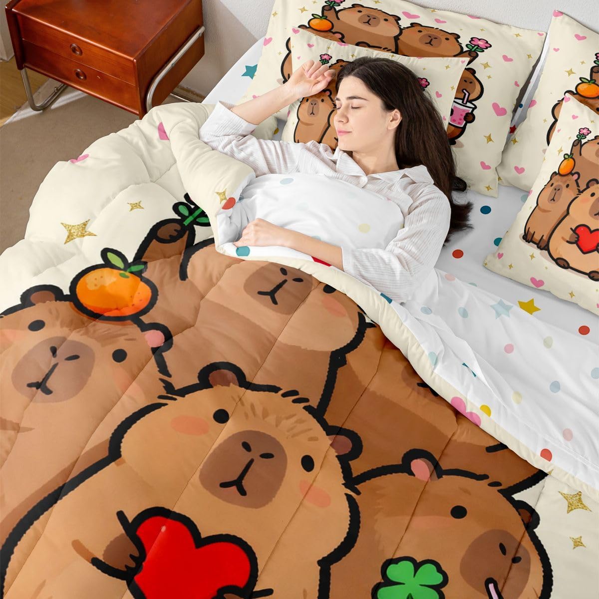 Erosebridal Funny Capybaras Queen Bedding Set 7Pcs | Capybara Lover Gifts Cute Comforter Set with Sheets for Kids Girls Boys, Capybara Decorations Fitted Flat Sheet, Kawaii Animal Theme Bed Set image 2