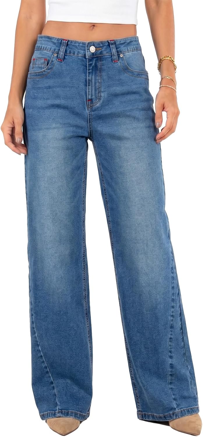 Astylish Straight Women's High Waist Wide Leg Jeans, Dirty Blue, 6