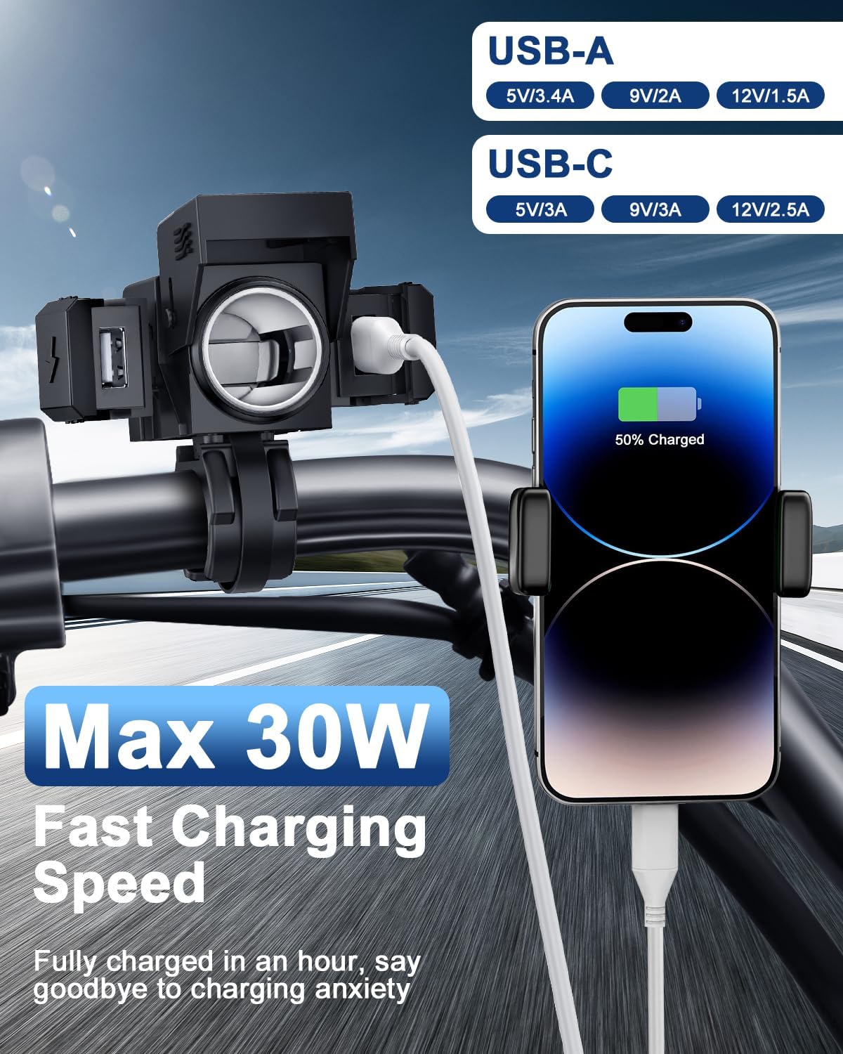 Motorcycle Phone Charger, EXTRACTME 3-in-1 Motorcycle USB Charger with 120W Cigarette Lighter Port, Motorcycle Accessories with 6.4A Dual USB Type C PD & QC3.0 USB A for Phone, Tablet, GPS, etc