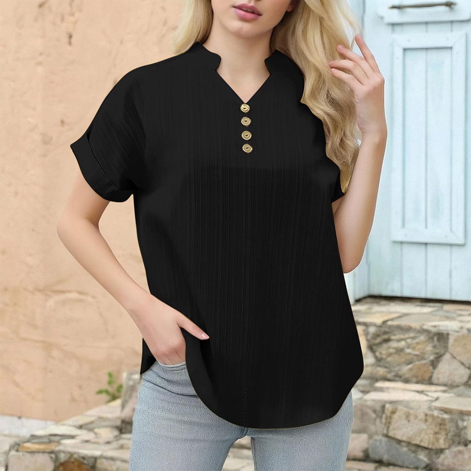 Women's Dressy Casual Shirts Plus Size Fashion Button V-Neck Short Sleeves Plus Size Loose Comfy T-Shirts Blouse