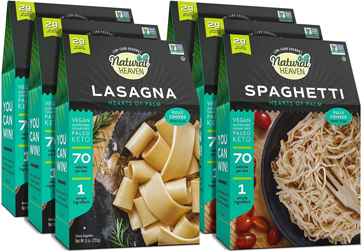 Natural Heaven Hearts of Palm Pasta Sampler | Spaghetti, Lasagna | Gluten-Free | 4g of Carbs | Keto | Paleo | Vegan - Vacuum Packed - (9oz – 6 Count)