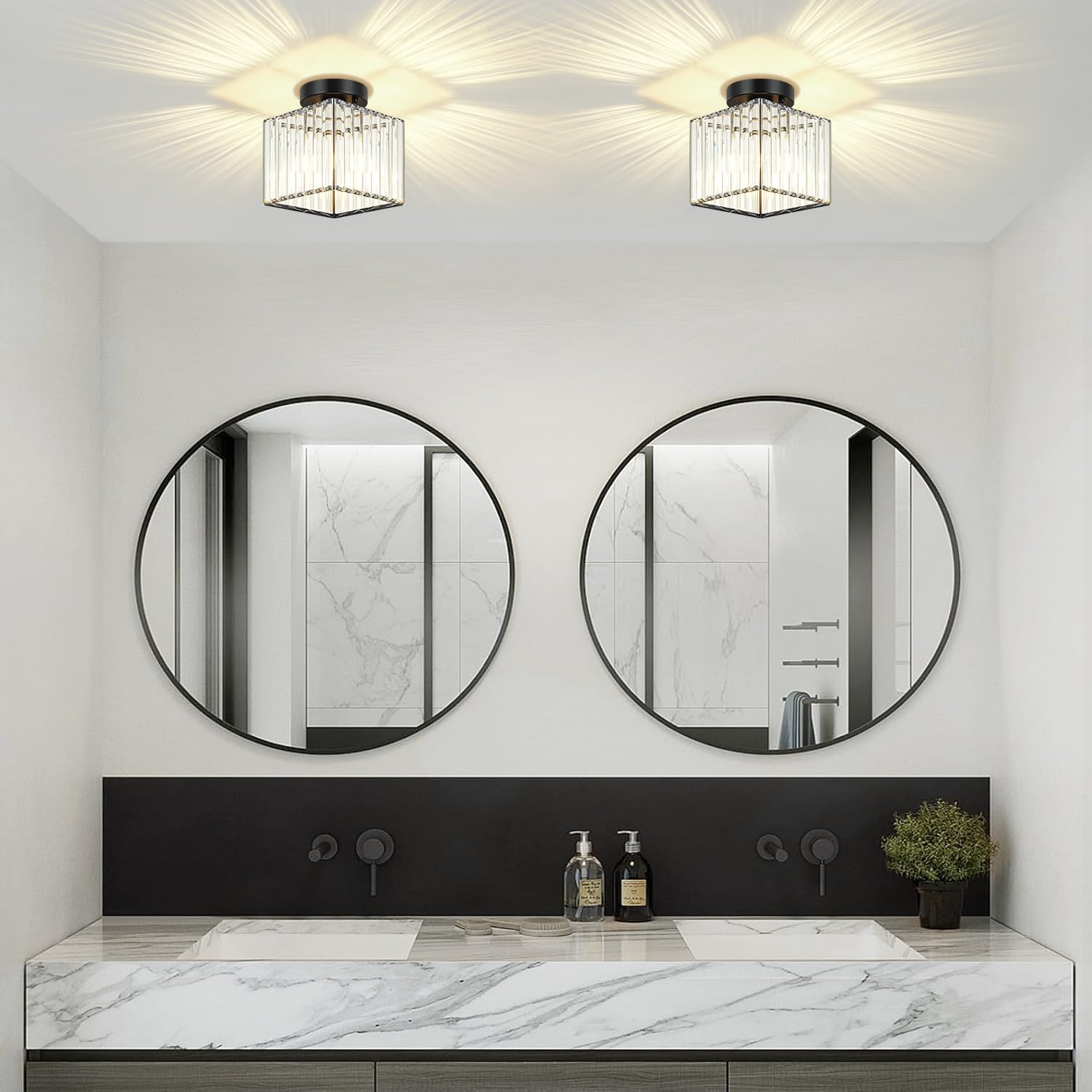 2-Pack Crystal Black Semi Flush Mount Ceiling Light Modern Square Kitchen Lighting Fixtures Ceiling Hallway Light Fixture for Entryway Dining Room Bedroom Bathroom Laundry Room, 7.24Inch