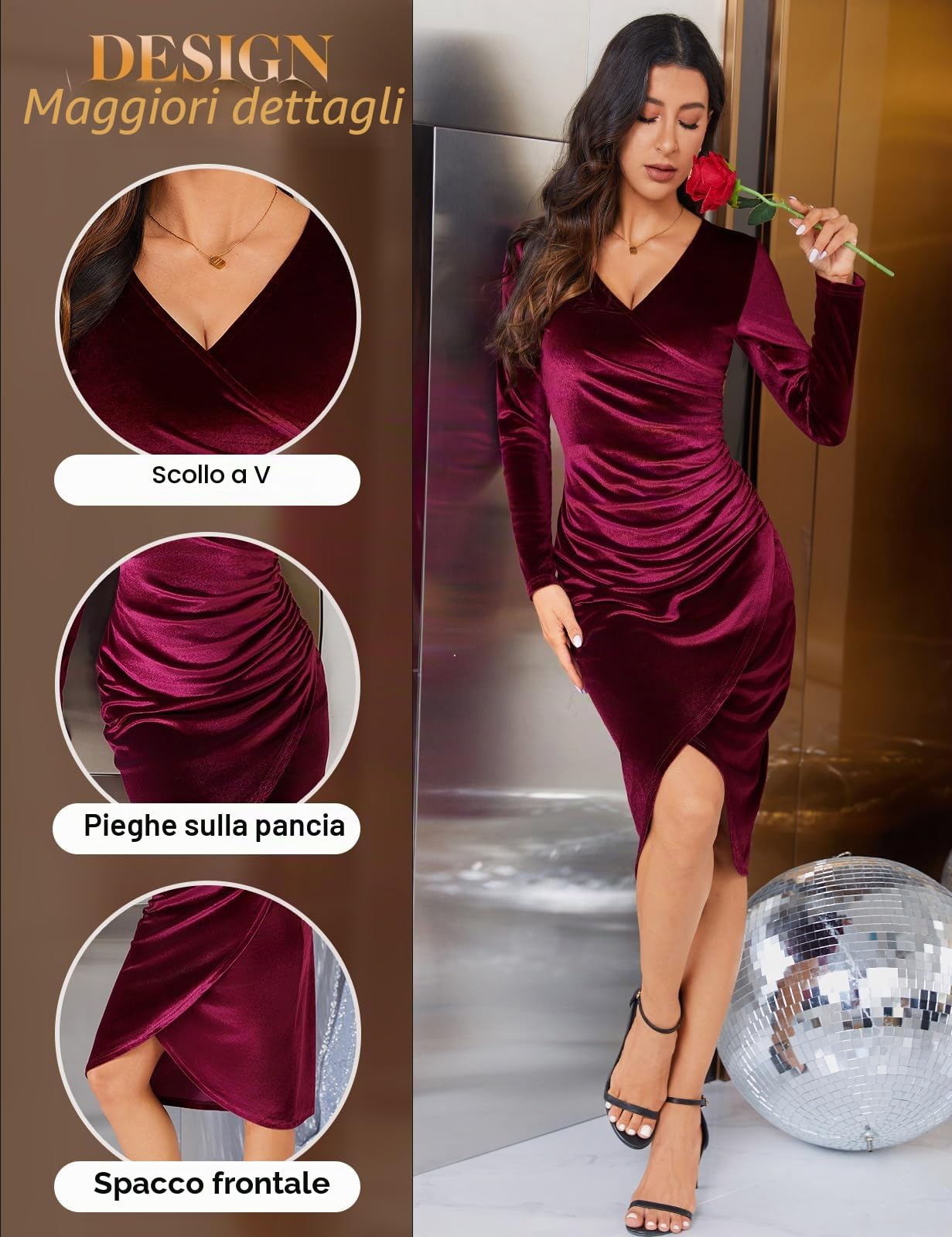 CMTOP Abito Elegante Donna Vestito Velluto Invernale Abito da Donna Manica Lunga con Scollo a V Sexy Abiti da Sera Lunghi Maxi Abito da Cocktail Cerimonia Feste Autunno e Inverno