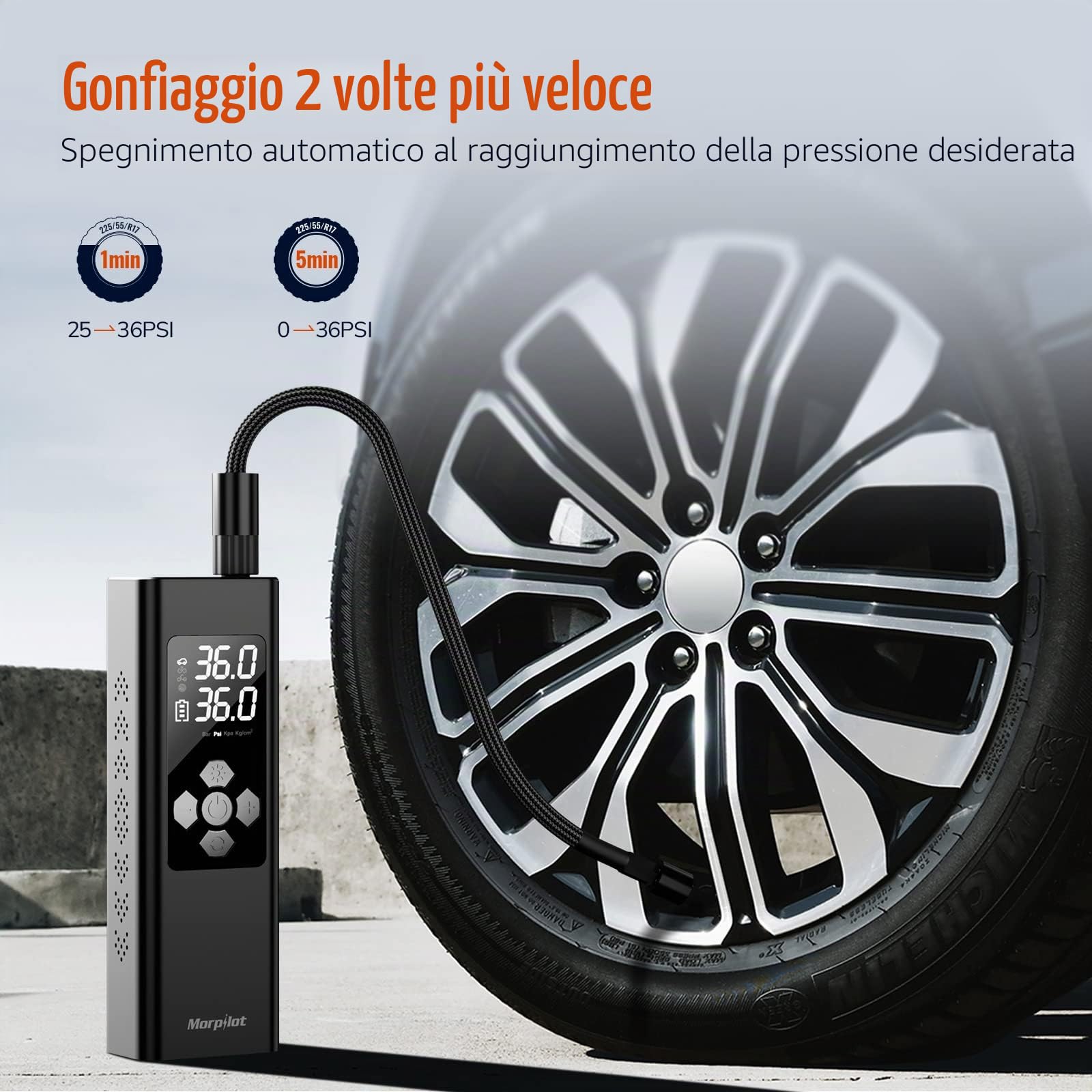 Compressore Aria Portatile da 9000mAh, Morpilot 150PSI Gonfiatore con Batteria Ricaricabile, Doppio Schermo LCD Digitale, 4 Ugelli, Pompa Elettrica per Bicicletta, Auto, Moto, Palloni