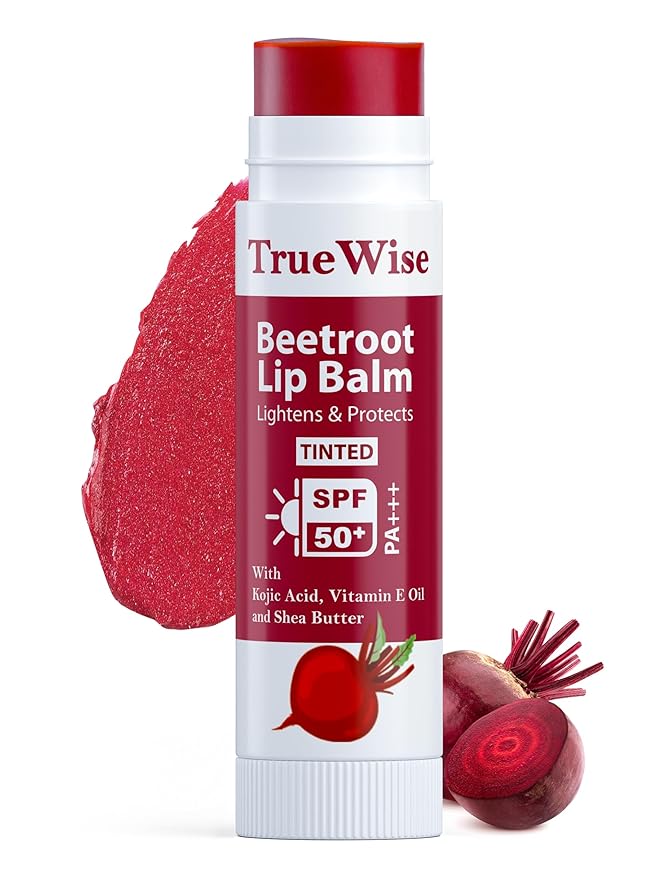 TrueWise® Tinted Lip Balm with SPF 50 PA+++ Brightening Beetroot Lip Balm For Dark Lips With Kojic Acid,Vitamin E, Soft, Glossy Lips- SPF lip balm for Women 5g