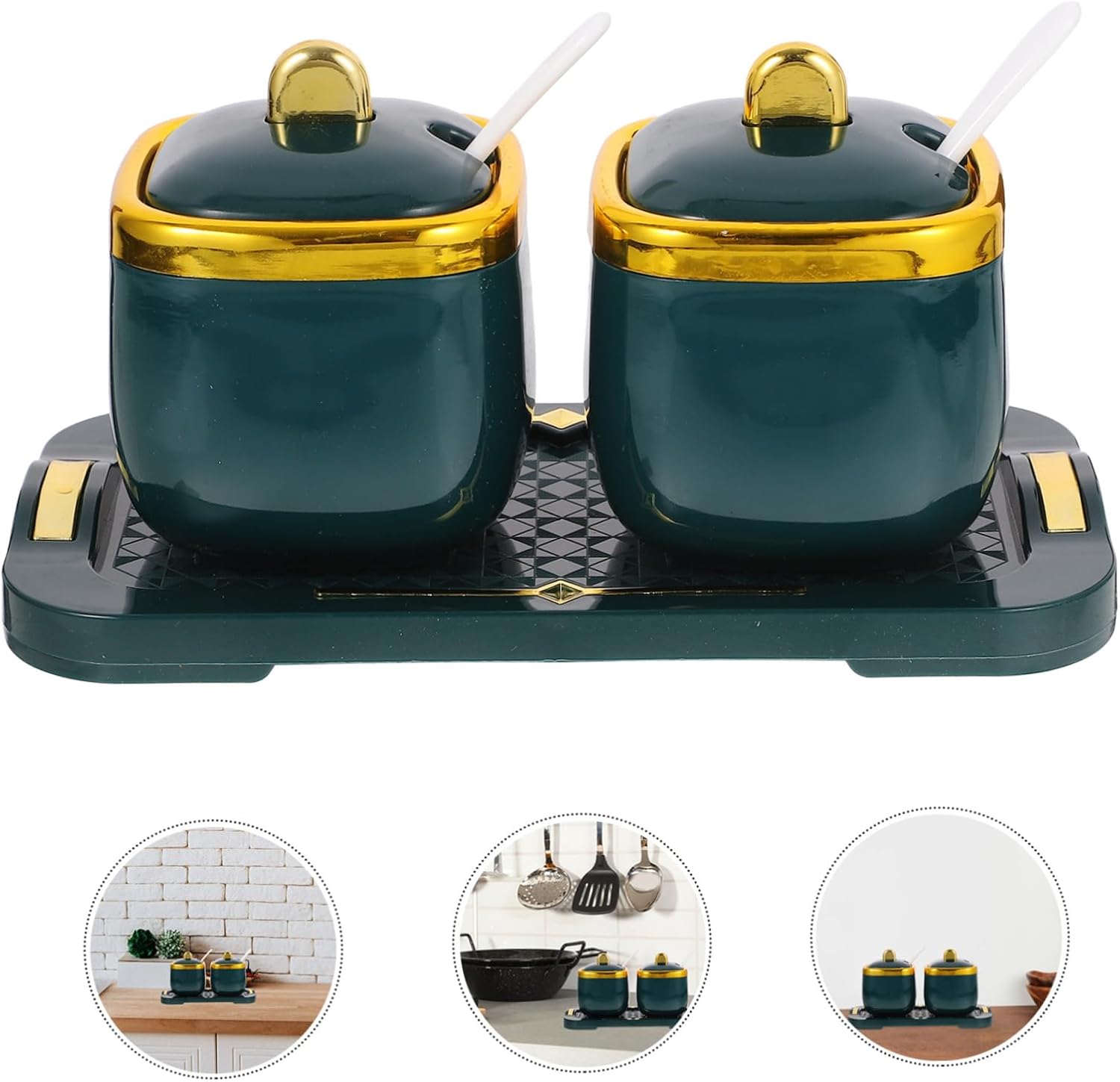 Alipis 1set Sugar Bowls Lid and Spoon Ceramic Seasoning Containers for Salt Sugar Pepper Includes Tray for Kitchen and Dining Use Green