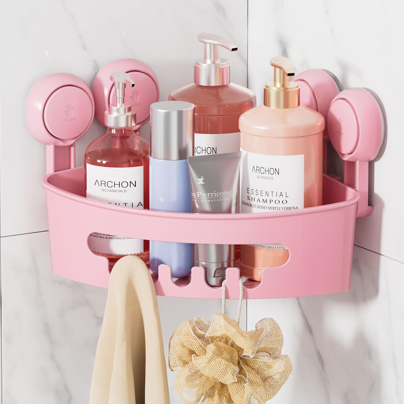 LEVERLOC Suction Shower Caddy Corner 1 Pack Shower Shelf No Drilling Bathroom Storage Removable Waterproof Bathroom Caddy Storage Organizer for Room Kitchen Toilet Tiles Accessories Pink