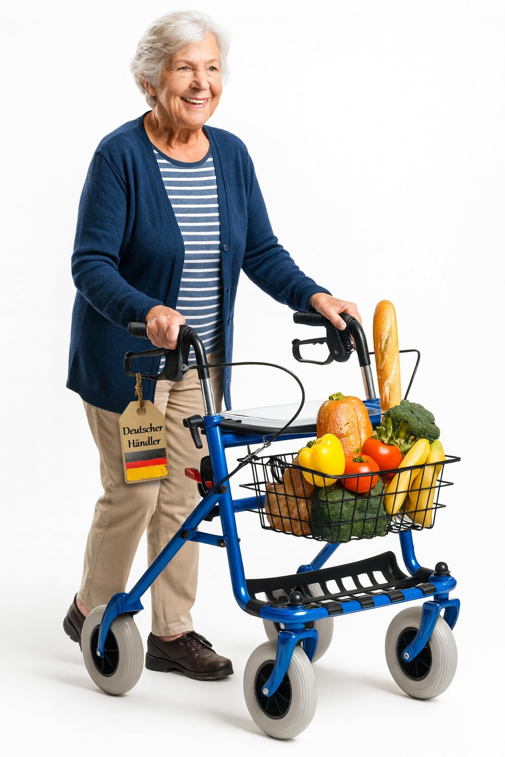 FabaCare Rollator mit Vollausstattung, Gehhilfe faltbar, Standardrollator, Korb, Sitz, Tablett, Farbe Blau