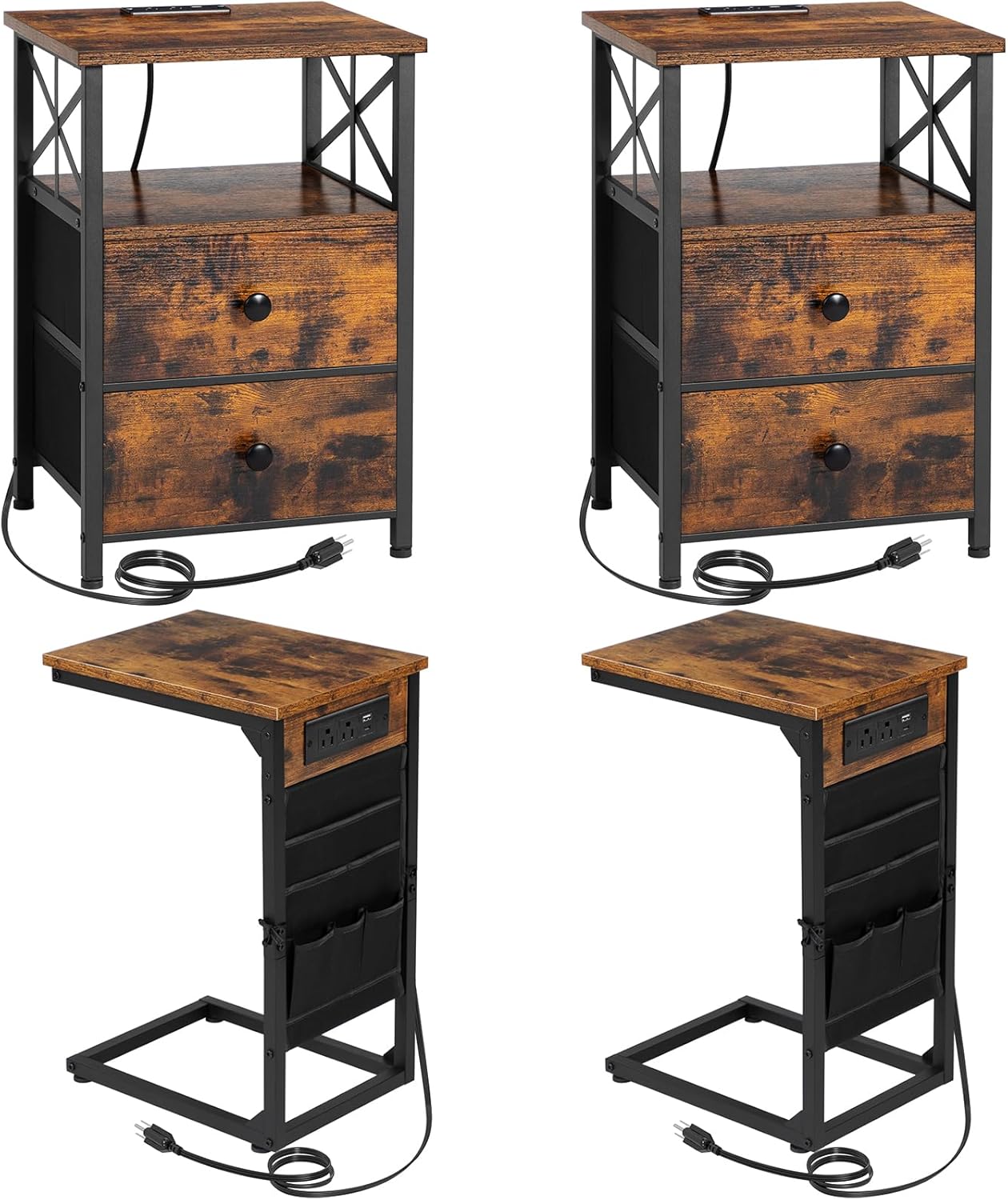 AMHANCIBLE End Table with Charging Station, Nightstand Set of 2 with Fabric Drawer,C Shaped End Table, Side Table with USB Ports and Outlets for Small Spaces