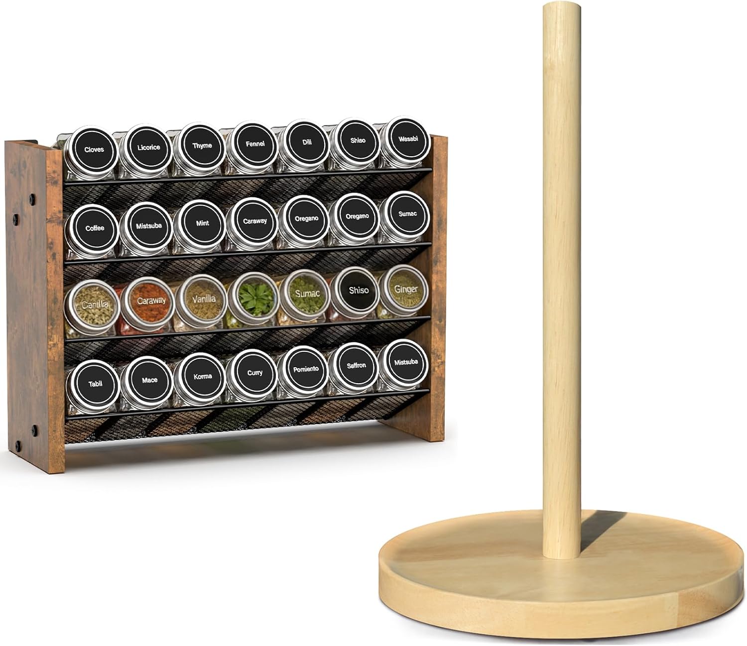NESAPTO Spice Rack Organizer for Cabinet and Paper Towel Holder Countertop, Natural