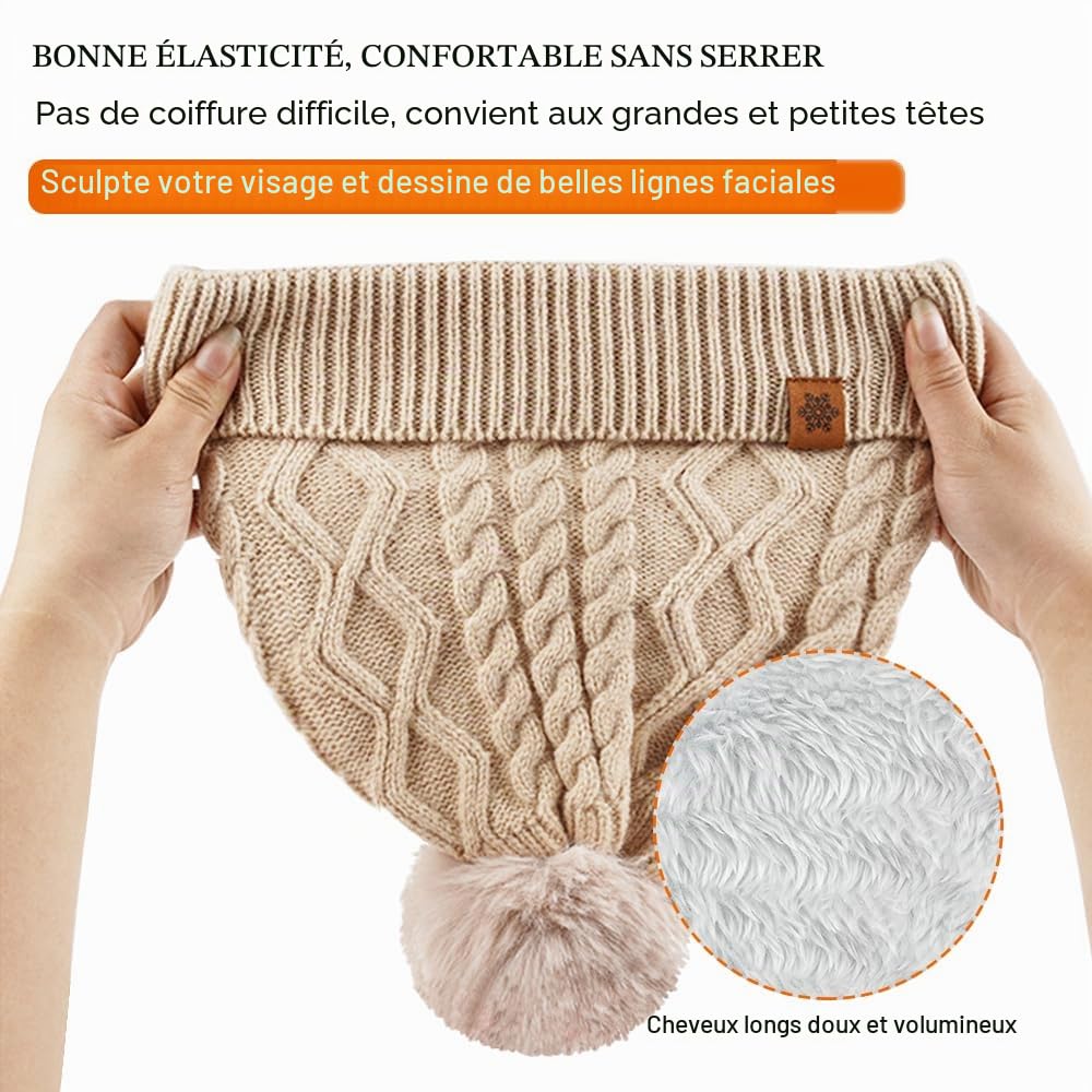 Oneshlee Bonnet d'hiver - Gants tactiles et écharpe longue - Pour femme - Avec balle en peluche - Chaud - Gants tricotés - Écharpe - 3 en 1 - Cadeau pour femme