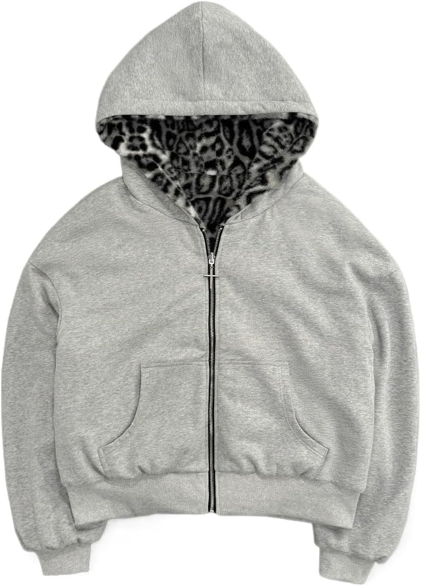 Men's Zip Up Hoodies Leopard Print Y2k Casual Baggy Long Sleeve Full Zipper Cardigan Hoodie Reversible Jacket