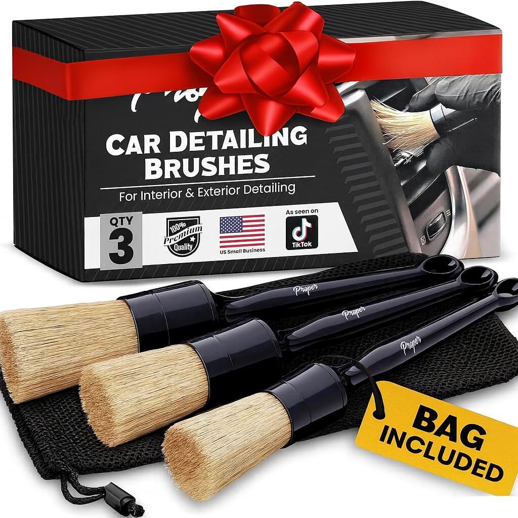 Premium Car Detailing Brush Set - Professional 3 Pack Kit Detail Brushes with Soft Boars Hair Bristles for Auto Interior & Exterior - for Cleaning Leather Seats, Air Vents, Wheels & Emblems