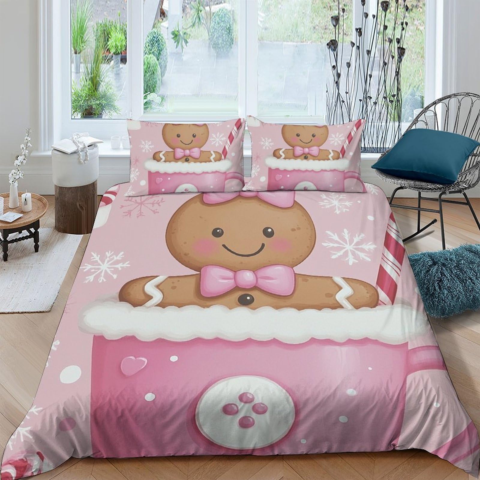 GPLZQXKJNH 3D Printed Pink Gingerbread Duvet Cover Microfiber Soft Breathable Cookie Quilt Cover Set with 2 Pillowcases for Bedroom Decor Single（135x200cm）