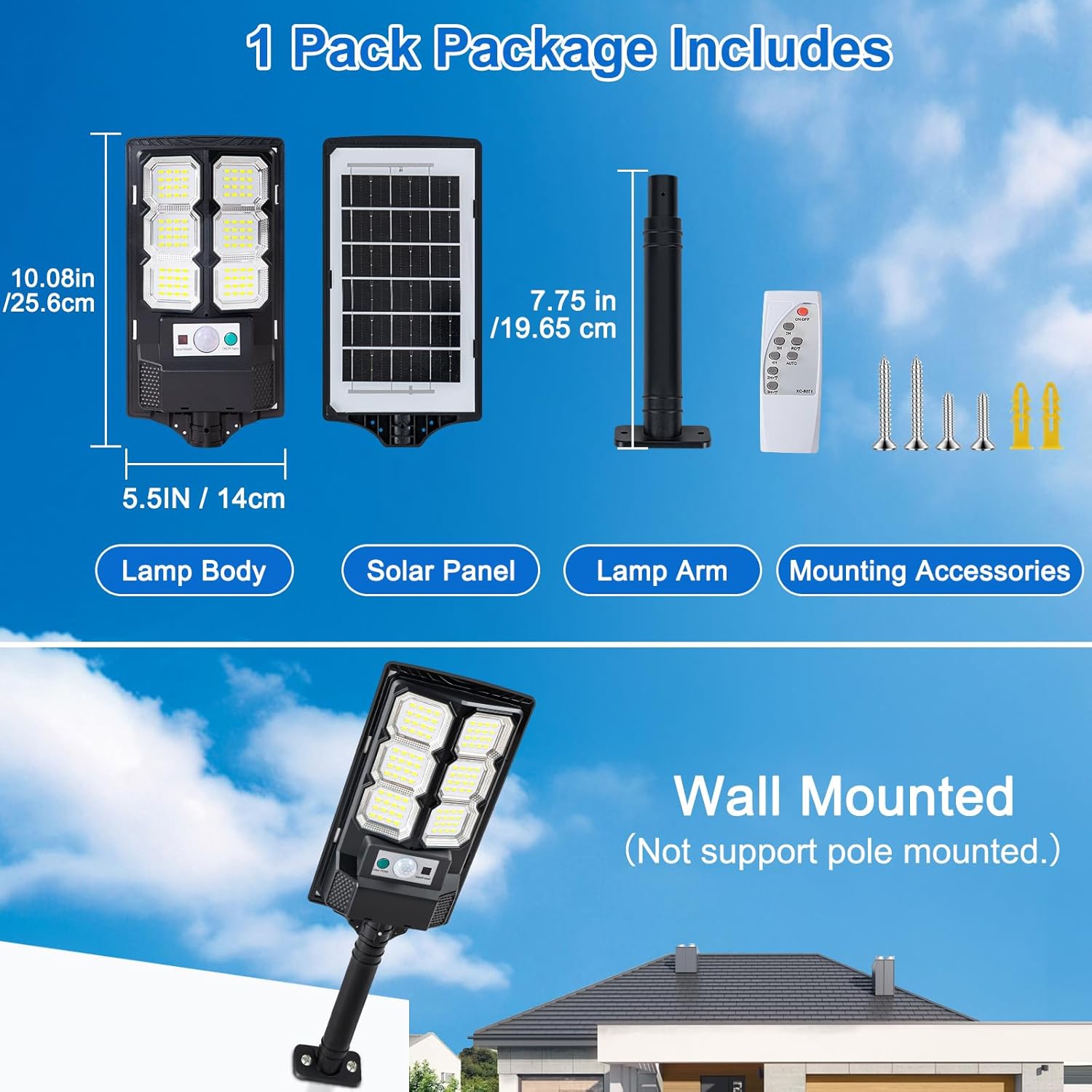 Solar Street Lights Outdoor, Rechargeable 6500K LED Flood Light with Smart Motion Sensor & Remote Control, Waterproof IP65 Security Lighting Dusk to Dawn for Outside Patio Yard，Easy Installation，2 Pcs