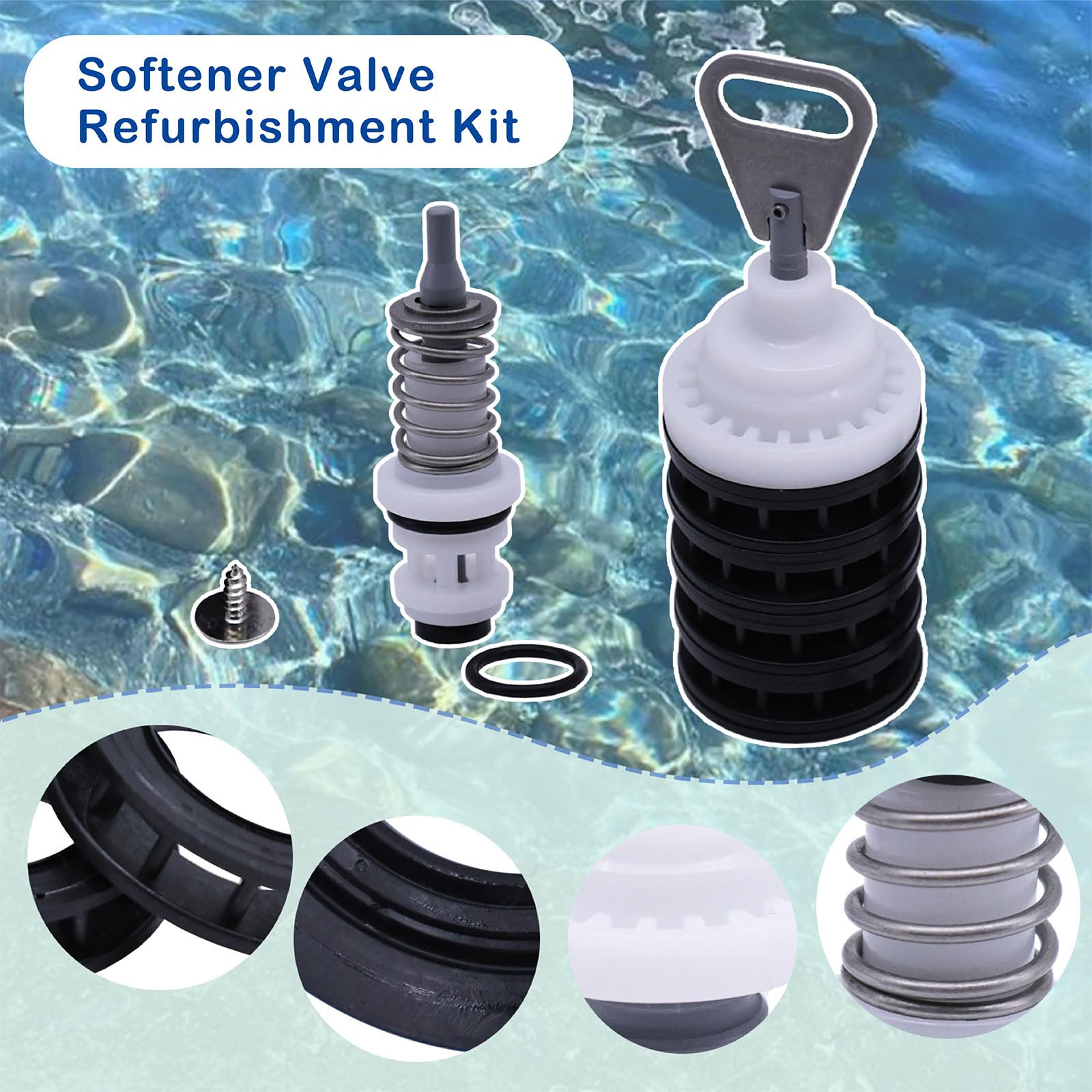 Kit de rehabilitación de válvula suavizante compatible con Fleck 5600, incluye pistón principal suavizante 60102-00, sellos y espaciadores 60125, tornillos, pistón de salmuera 60032 y sello inferior