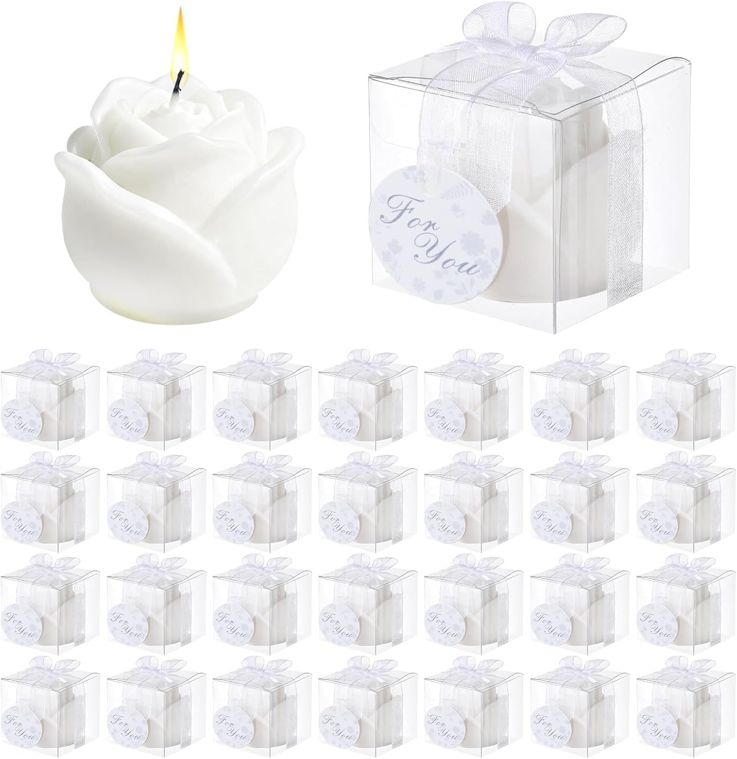 30 Set White Rose Candles Wedding Favour, Flower Tealight for Guests Gift