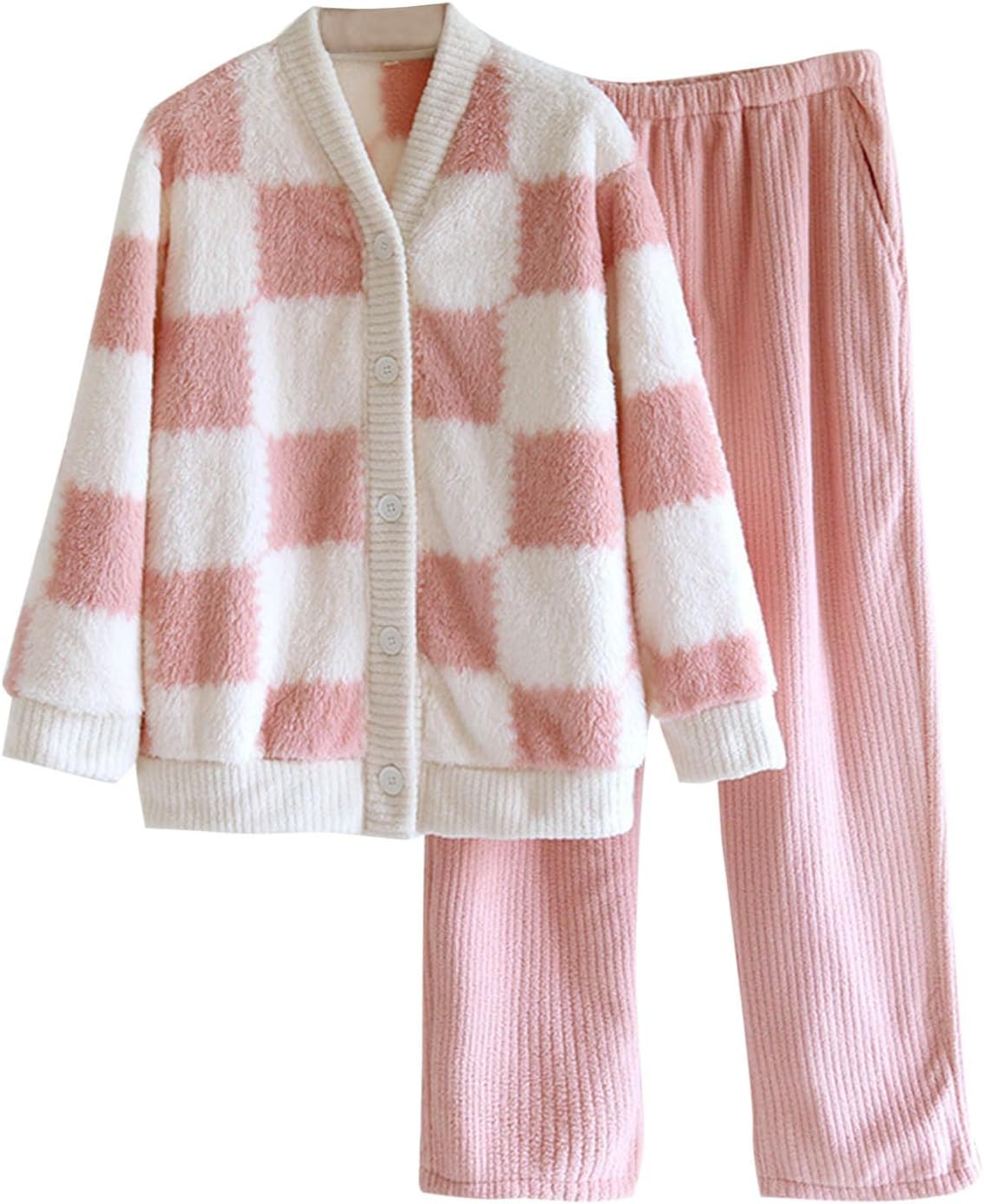Mzkdieey Women's Fluffy Fleece Pajamas Set Flannel Sleepwear Loungewear Long Sleeve Button Down Plush Plaid Top and Pants Set