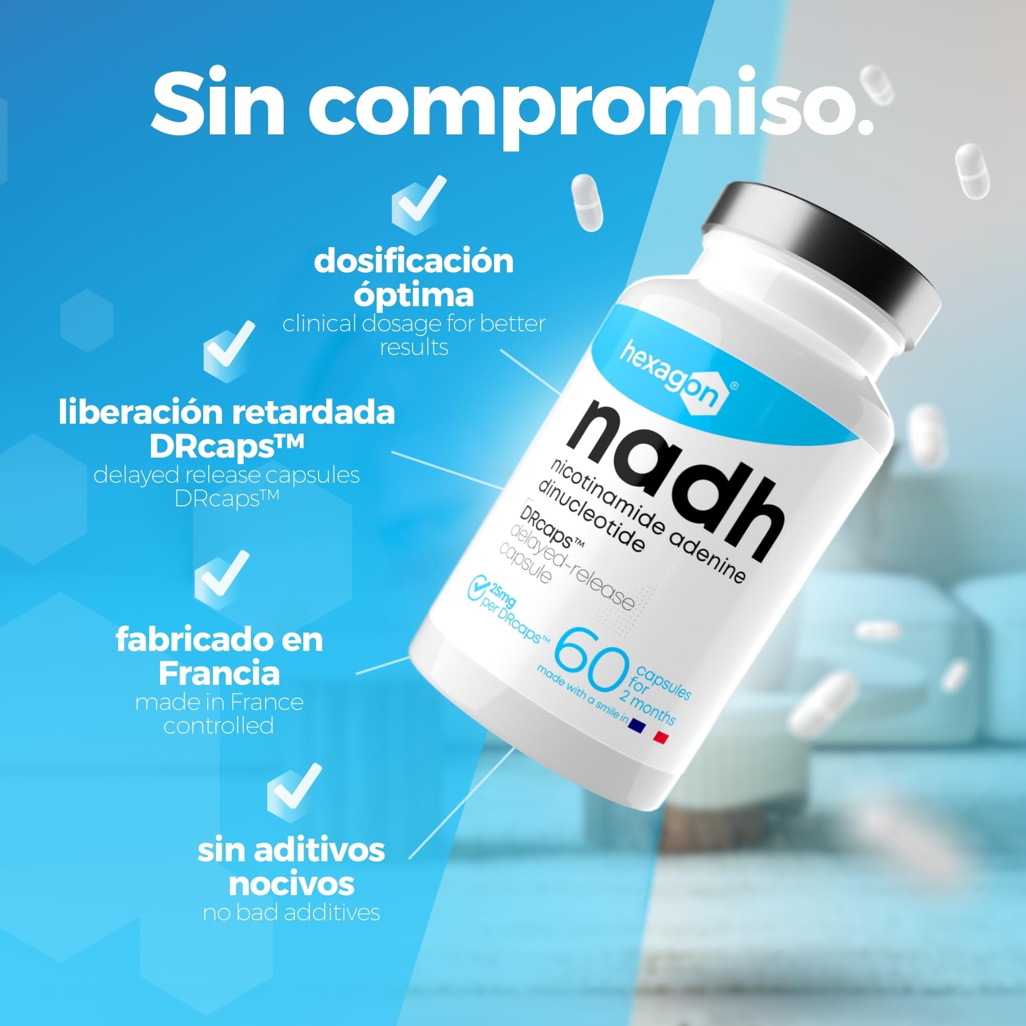 NADH 25mg - +2 Meses de Cura - Liberación Retardada Con DRcaps™ - Energía Celular y Metabolismo - Mejor Biodisponibilidad - Fabricado en Francia - 60 Cápsulas Vegetales - Vegano - Hexagon