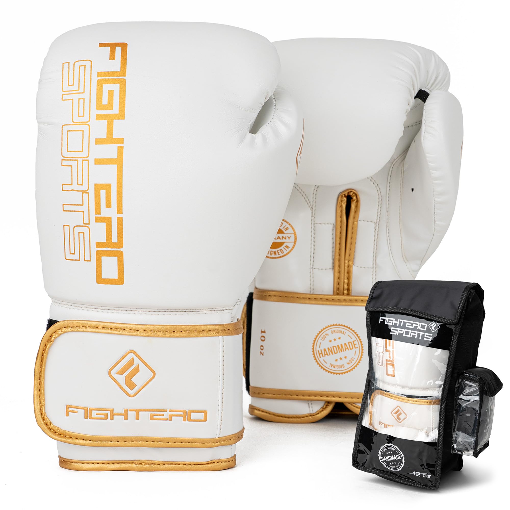 Boxhandschuhe FIGHTERO Weiss Gold mit kostenlosen Bandagen und Tasche – Profi Boxhandschuh Set für Training, Kickboxen, Muay Thai & MMA – atmungsaktiv, ergonomisch & robust – 8 oz - 16 oz