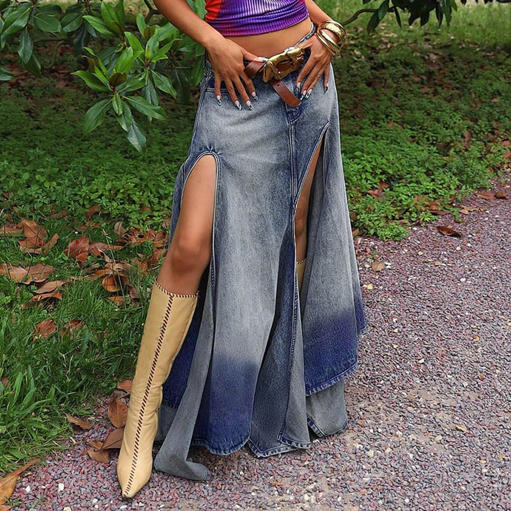 Gonna Lunga in Denim da Donna con Spacco Sexy sulla Coscia e Vita Alta Gonne Estive Casual A-Line Midi con Tasca