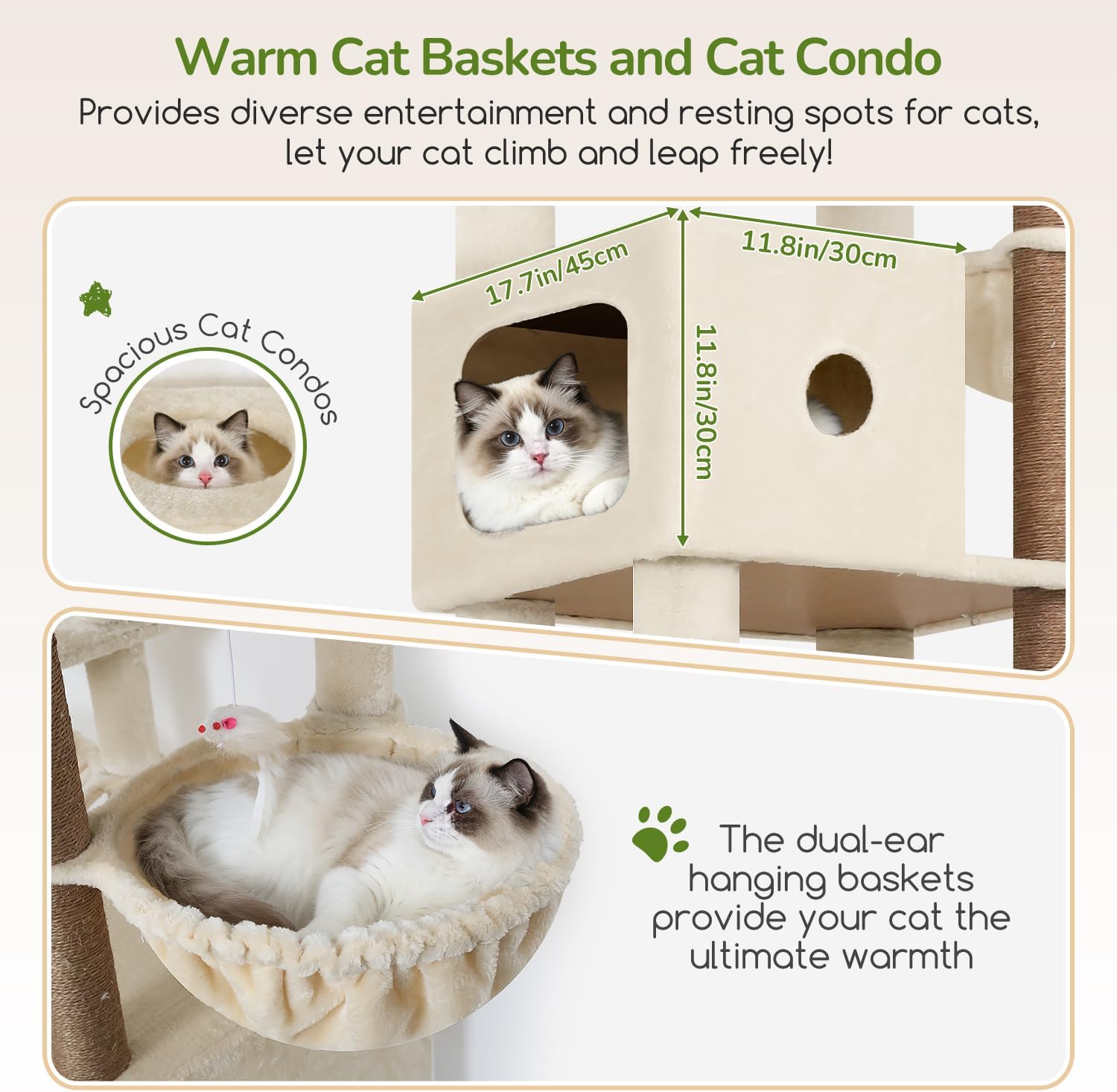 Globlazer Heavy Duty Cat Tree, 83 Inch Giant Cat Tower with 7 Scratching Posts, Multi-Level Large Cat Condo for Indoor Cats Large Adult, 2 Perchs, 3 Sturdy Hanging Baskets, Cat Toys, F83C, Beige