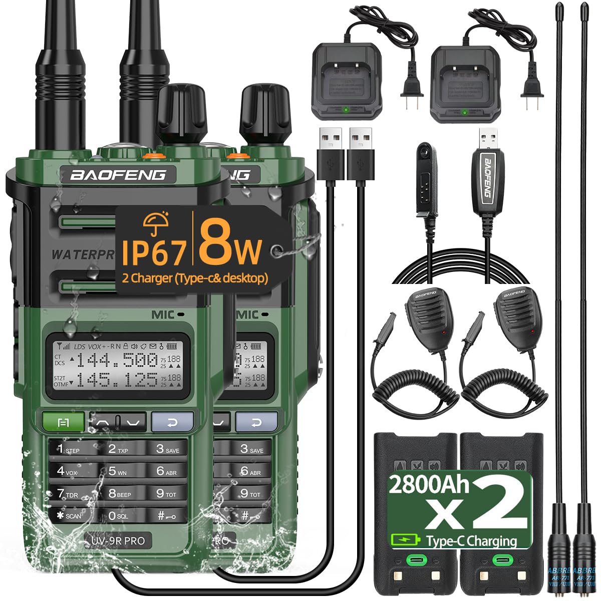BAOFENG UV-9R Pro 8W Ham Radio Long Range Handheld Dual Band Two-Way Radio Waterproof Transceiver Rechargeable Walkie Talkies with Speaker Mic and Programming Cable Full Kit,2Pack