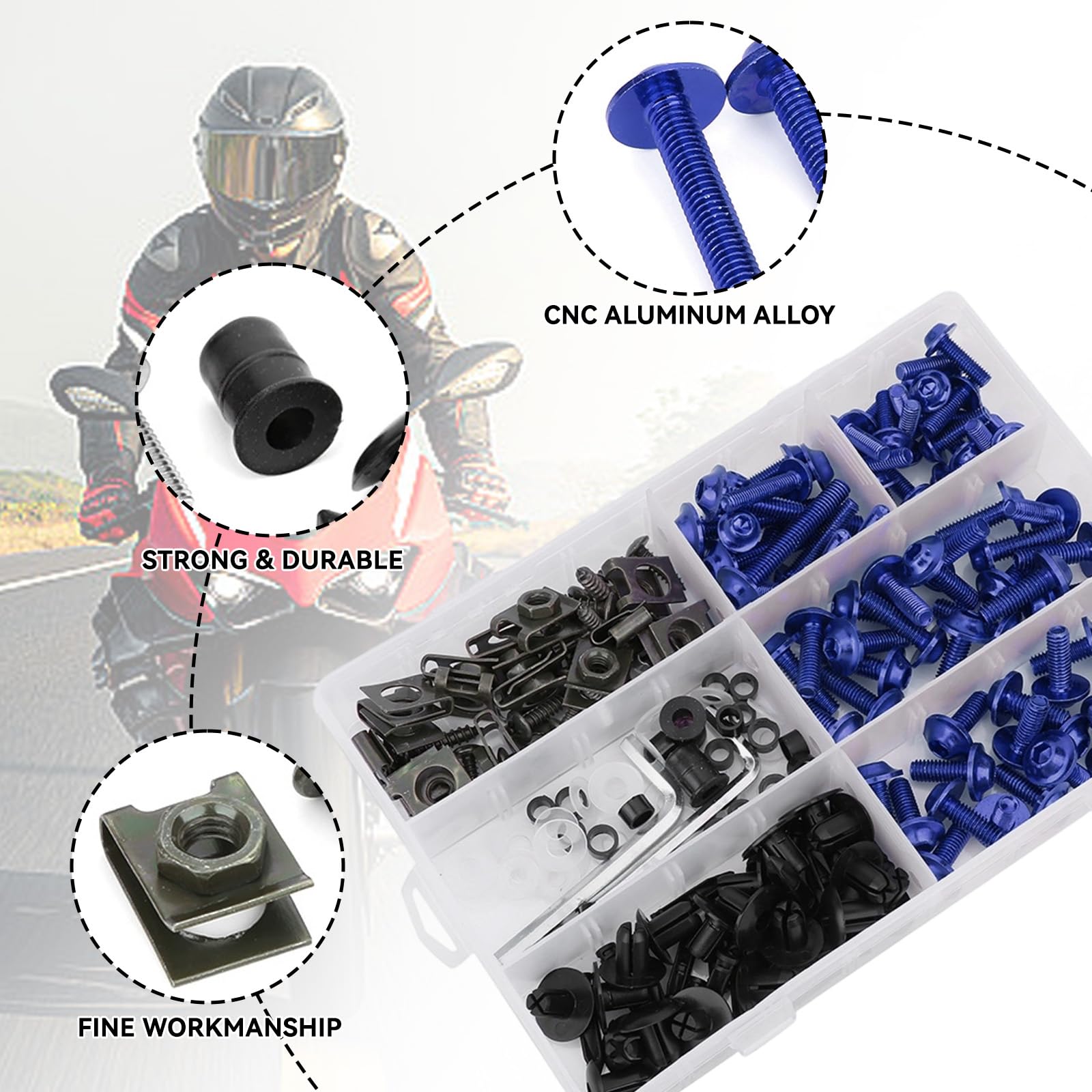 Kit Pernos Carenado Motocicleta, Juego 198 Piezas Tornillos M5 M6 Parabrisas Sujetadores Coloridos Aluminio para Montaje Carenas Motos