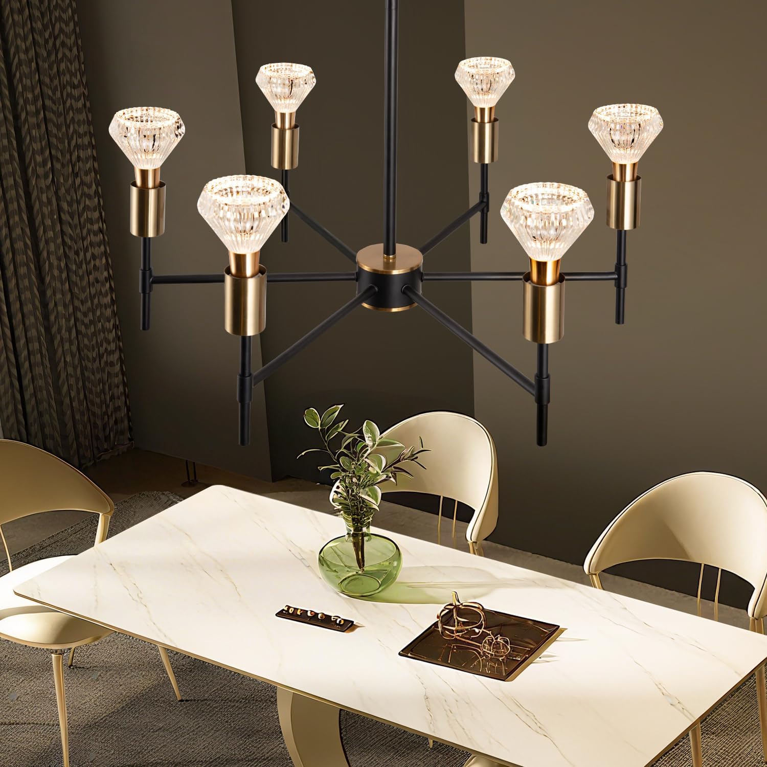 6 Light Black Imitation Crystal Chandelier, Modern Vintage Farmhouse Flush Mount Ceiling Pendant Light for Kitchen Island Dining Room Entryway Foyer Home Décor