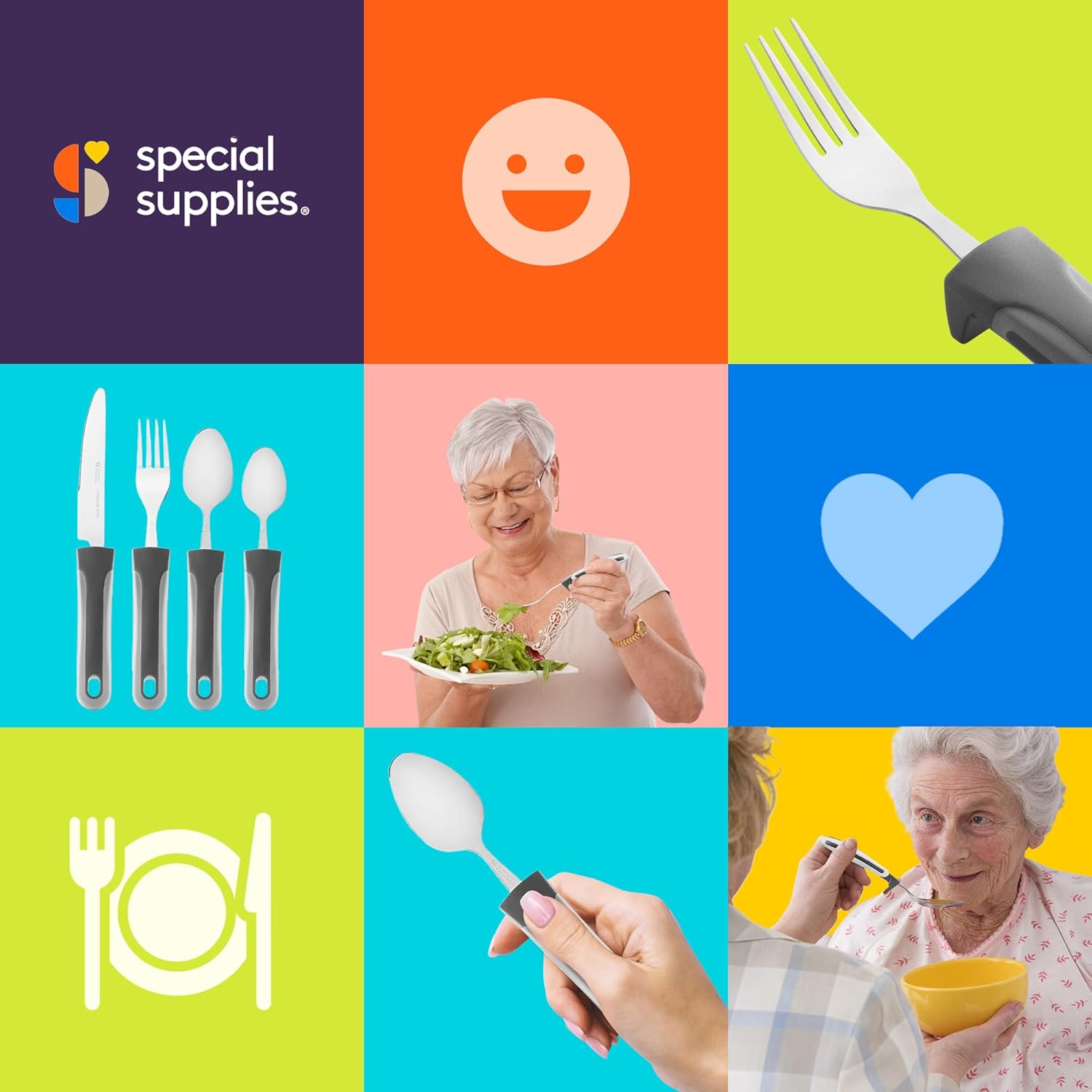 Special Supplies Adaptive Utensils (4-Piece Kitchen Set) Wide, Non-Slip Handles for Hand Tremors, Arthritis, Parkinson’s or Elderly Use, Stainless Steel Knife, Fork, Spoons (Gray Striped) : Health & Household