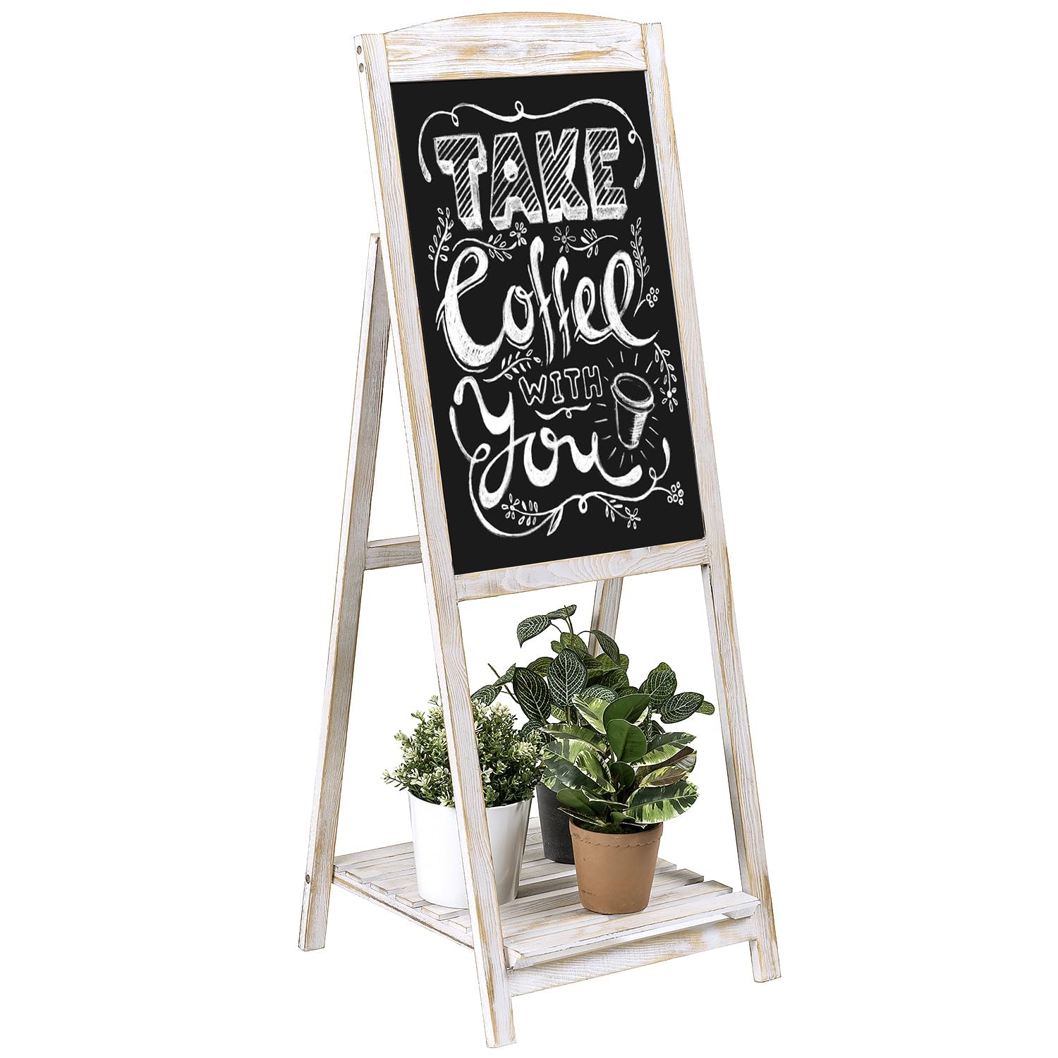 XTECH Tall Vintage White Wood A-Frame Chalkboard Easel, 110CM Freestanding Decorative Chalkboard Sign with Plant Shelf Stand, Easel Rustic Sidewalk Display for Business Restaurant Wedding