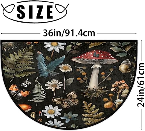 Miniatura 2 de Tapete semicircular de plantas de bosque de hongos para puerta de entrada interior, hojas antideslizantes y absorbentes, 24 x 36 pulgadas, tapetes