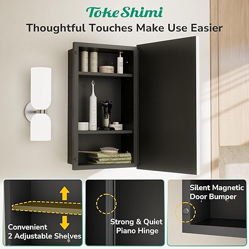 Miniatura 6 de TokeShimi Botiquín empotrado de 17 x 25 pulgadas con espejo montado en la pared, espejo biselado de metal con almacenamiento para tocador de baño,
