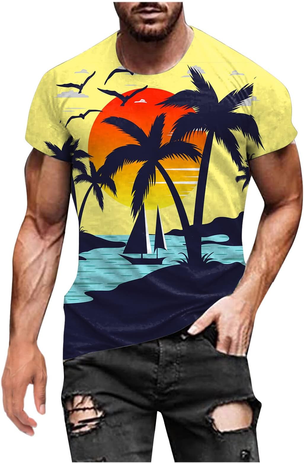 Mens Hawaiian Printed Tops 2024 Summer Fashion Round Neck Pollover Slim Fit Classic-Fit Short Sleeve Blouses