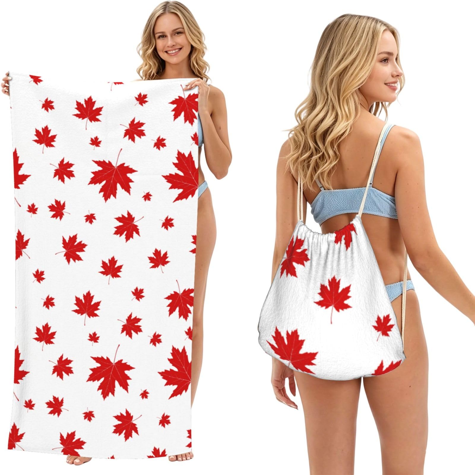 Poadnly As Picture Red Maple Leaf, 2 In 1 Packable Towel Bag, Beach Towels With Drawstring Backpack For Travel Holiday Camping